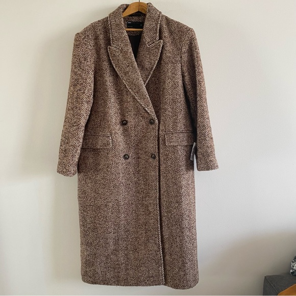 NWOT ASOS DESIGN Smart Herringbone Pea Coat Long Dad Coat Brown Boxy Oversized - Picture 5 of 12